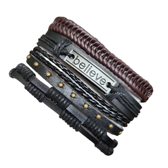 Unisex Leather Bracelet 4 Piece Set - Picture 1 of 8